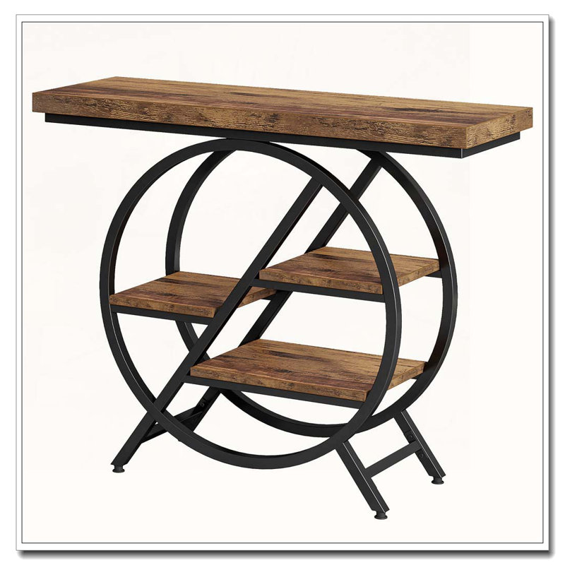 Industrial Four-Tier Console Table with Geometric Metal Frame Storage