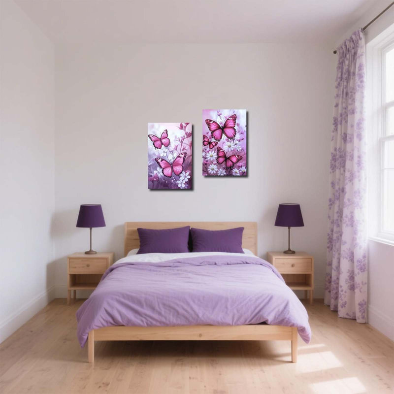 Butterfly Picture Wall Decor Fantasy Wall Art 2 Piece Butterflies With Flower Painting Prints Rustic Floral Framed Artwork (2 Pieces)