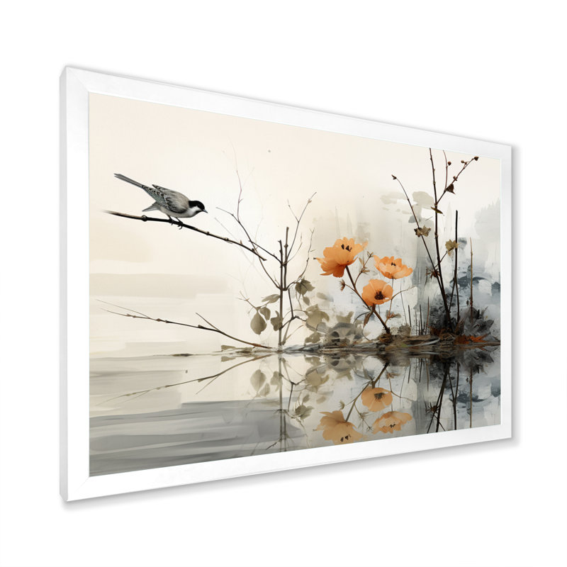 «Asian Art Sumi Bird Serenity XVIII», reproduction d'art sur toile, H 12 po x l 20 po x P 1 po, Cadre simple blanc