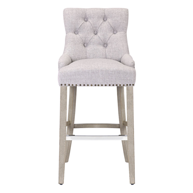 Linen Fabric Tufted Upholstered Counter Stool, Light Grey/Antique Grey, Bar Stool (29” Seat Height)