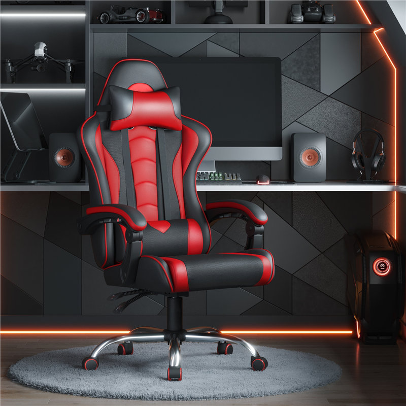 High Back Gaming Chair with Massage Lumbar Pillow, Black/Red