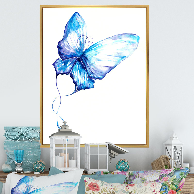 Papillon bleu avec ailes transparentes - reproduction d'art sur toile traditionnelle, H 32 po x l 16 po x P 1 po
