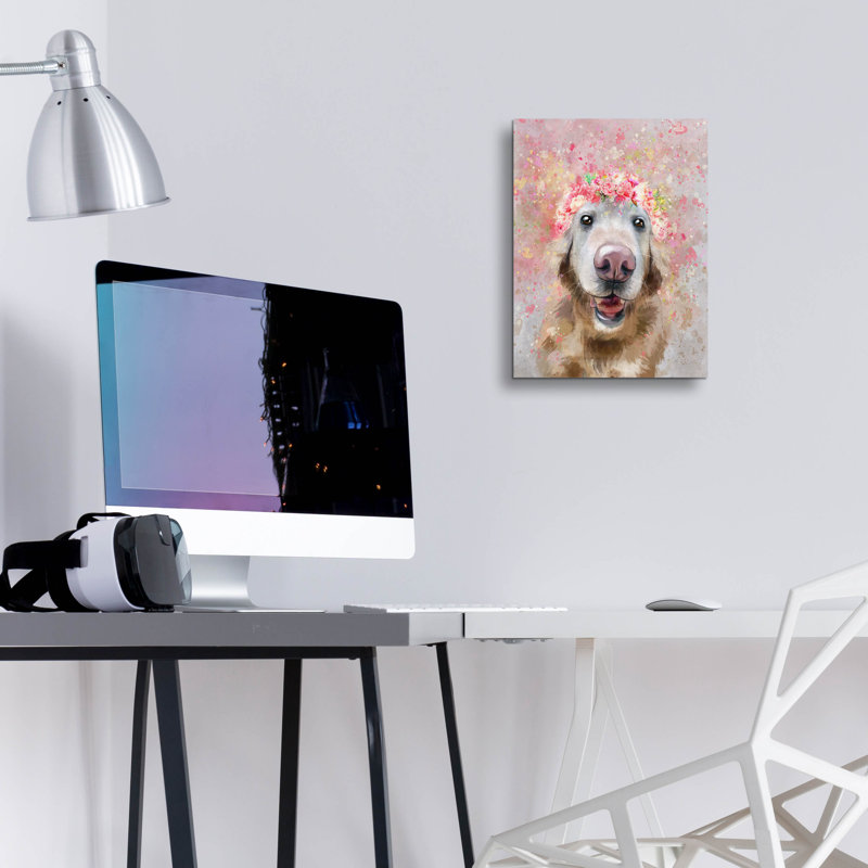 Art mural en verre Red Barrel Studio «Flower Crown Golden Retriever» par Furbaby Affiliates ACR-46668