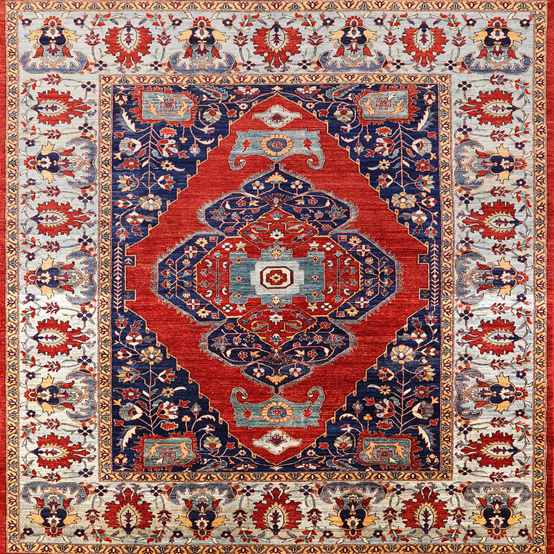 Tapis oriental rouge / blanc / bleu, Carré 5 pi