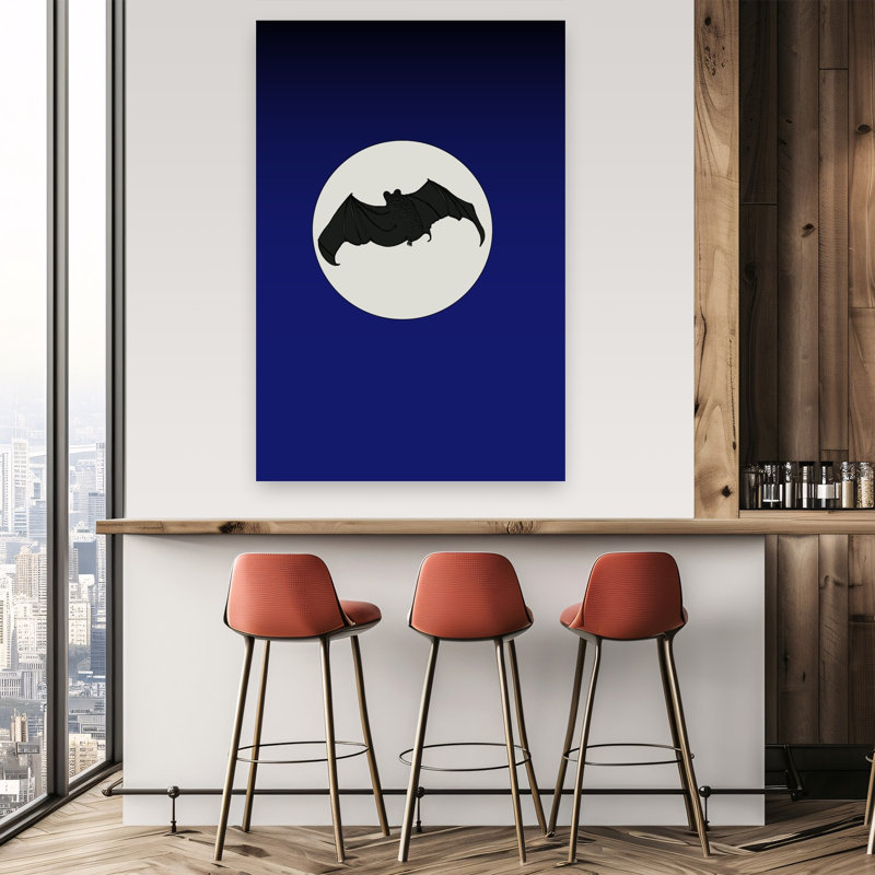Chauve-souris sous la pleine lune - Illustration murale abstraite contemporaine représentant une chauve-souris dans un paysage faunique.