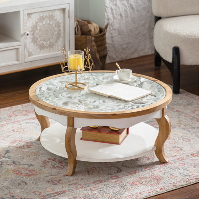 Table basse 31,50 "avec rangement ouvert - Plateau en bois massif et panneau de fibres à densité moyenne + plateau en verre trempé, table basse à 2 niveaux de style maison de campagne pour le salon (finition bois blanc et naturel)