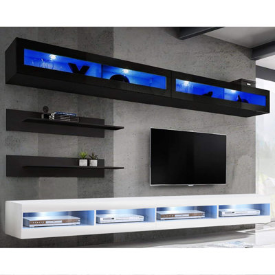 Lonergan 126" Modern Floating Wall Mounted Entertainment Center with 16-Color LED Lighting, High Gloss Finish