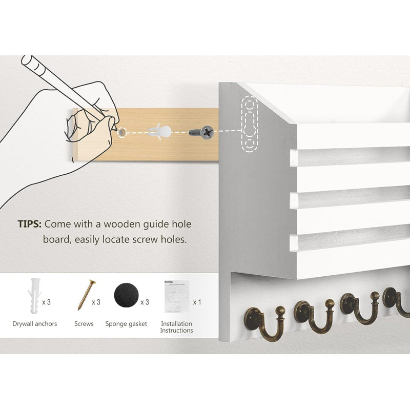 The Easy Mounted Key Rack and Mail Organizer with Store Shelf and Four Sturdy Keys Hooks Decor