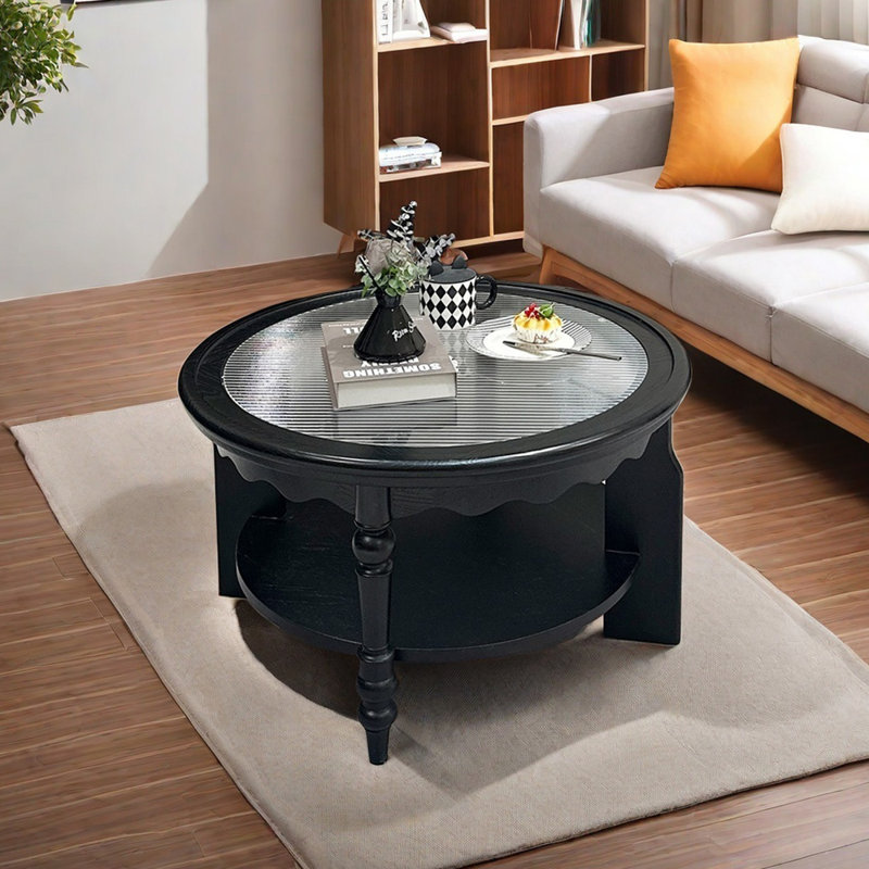 Table basse rétro en bois massif de chêne rouge rond, Noir; transparent