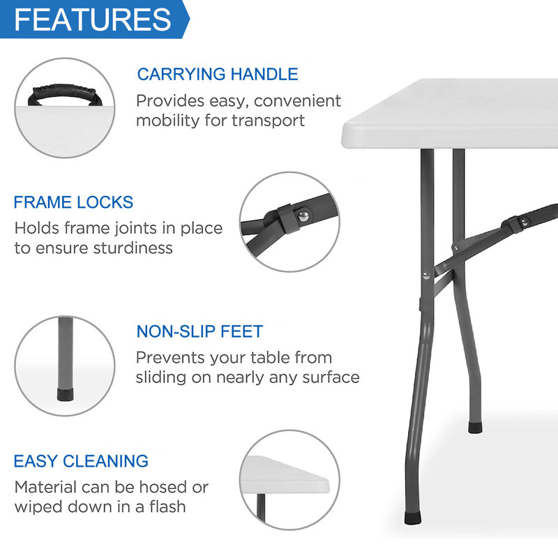 Table pliante portative en plastique de 6 pi avec poignée de transport, Blanc