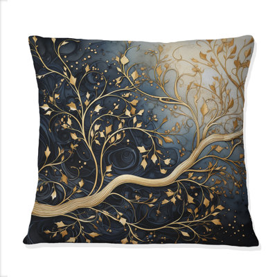 Golden Branch Tree Luminous Tangle I - Tree Monochrome Printed Throw Pillow