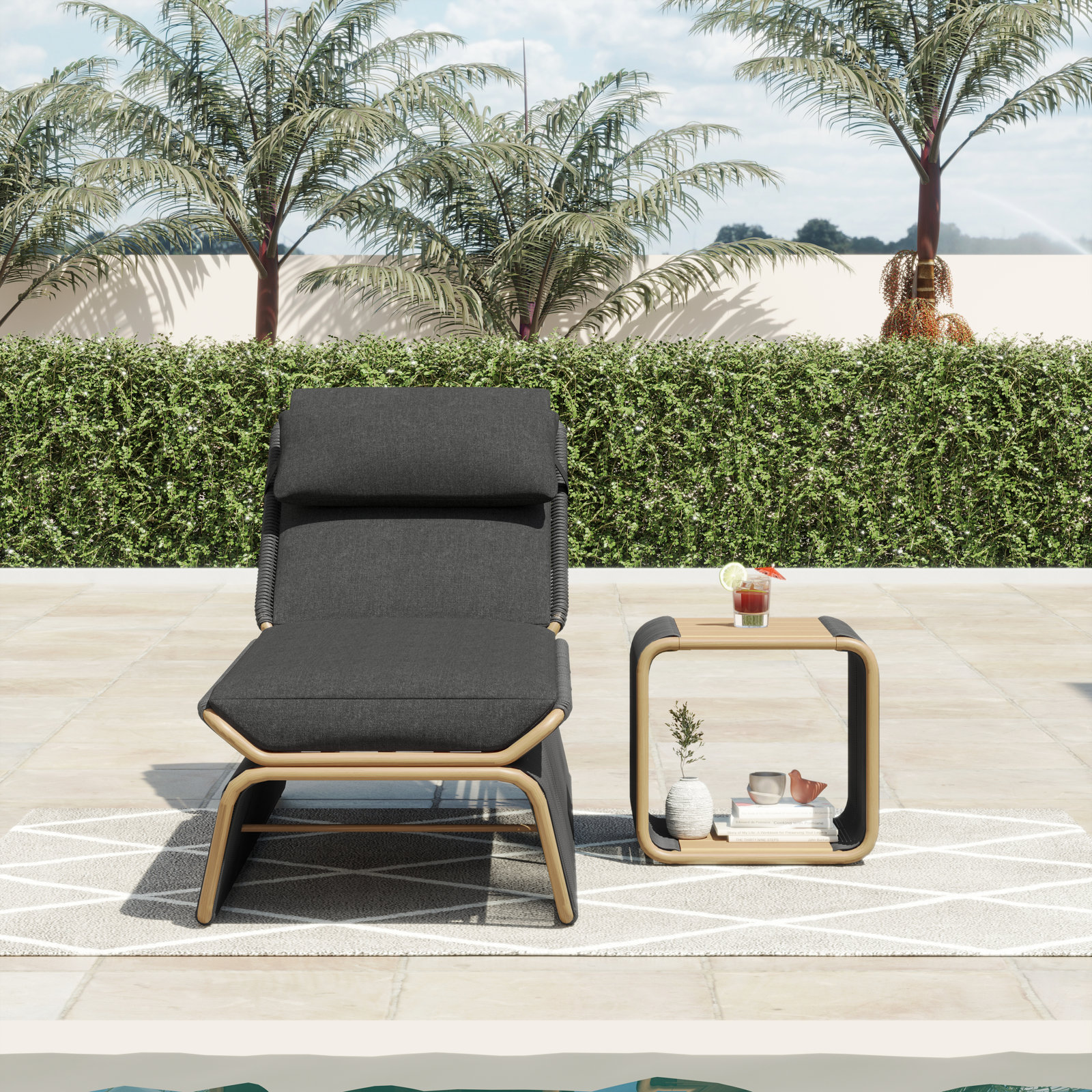 Harper 26.38'' Outdoor Chaise Lounge with Table, Spectrum Carbon, Dark Gray