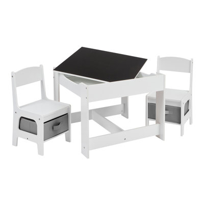 White Table and Two Chairs Set with Grey Storage Boxes