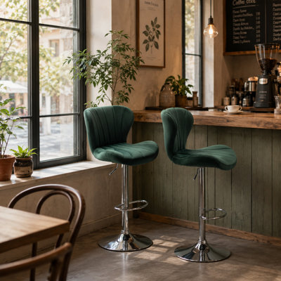 Green Padded Adjustable Rotating Bar Stools, Sold As A Set Of Two, Suitable For Home Dining, Bar, And Relaxation.