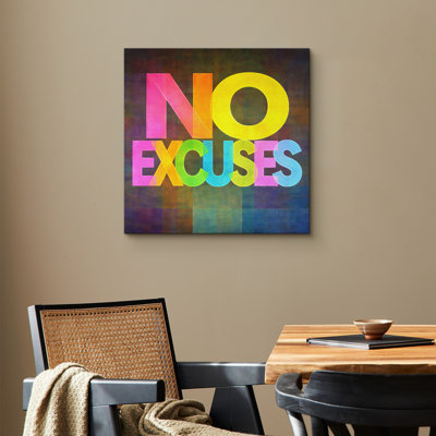 Colorful Typography Motivation “No Excuses” Artwork, Modern Inspirational Quote Wall Decor, Framed Canvas Giclee Print Wall Art
