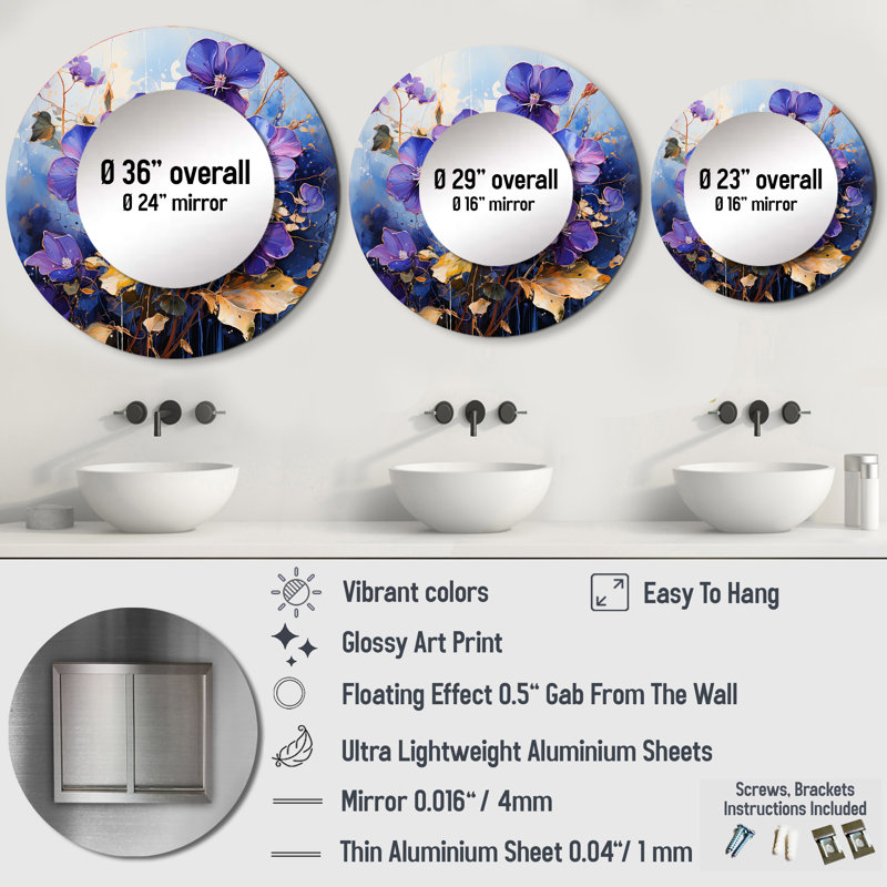 Wild Expression - miroir décoratif Violets, miroir mural rond traditionnel, impression d'art en métal, 29 po x 29 po