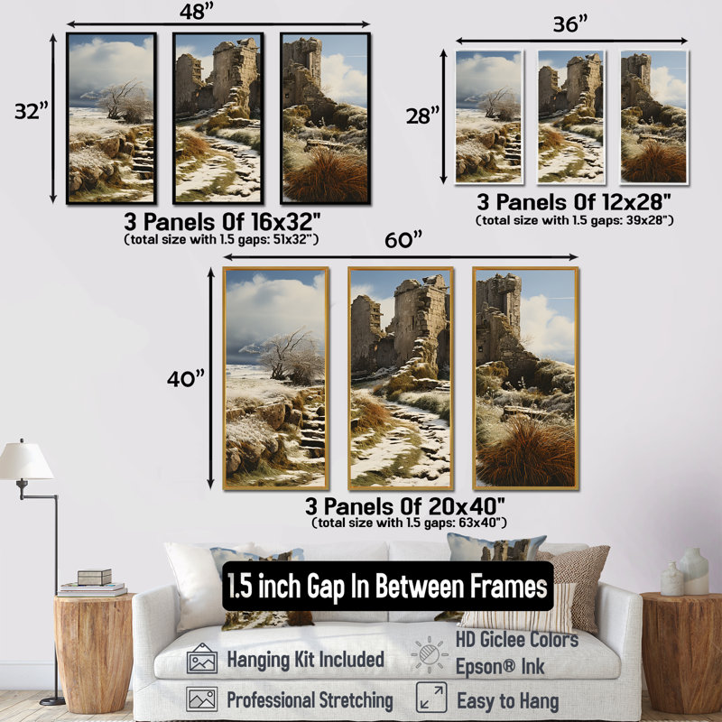 «Castles Winter Beauty - Châteaux», ensemble d'art mural, Cadre flottant doré, H 32 po x l 48 po x P 1 po
