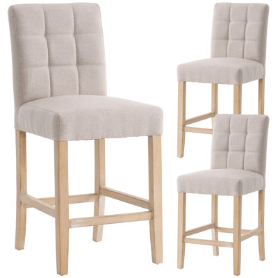 Tabouret de bar moderne à hauteur de comptoir avec dossier, tabouret de bar en bois massif recouvert de lin beige de 25,2 po de hauteur pour îlot de cuisine