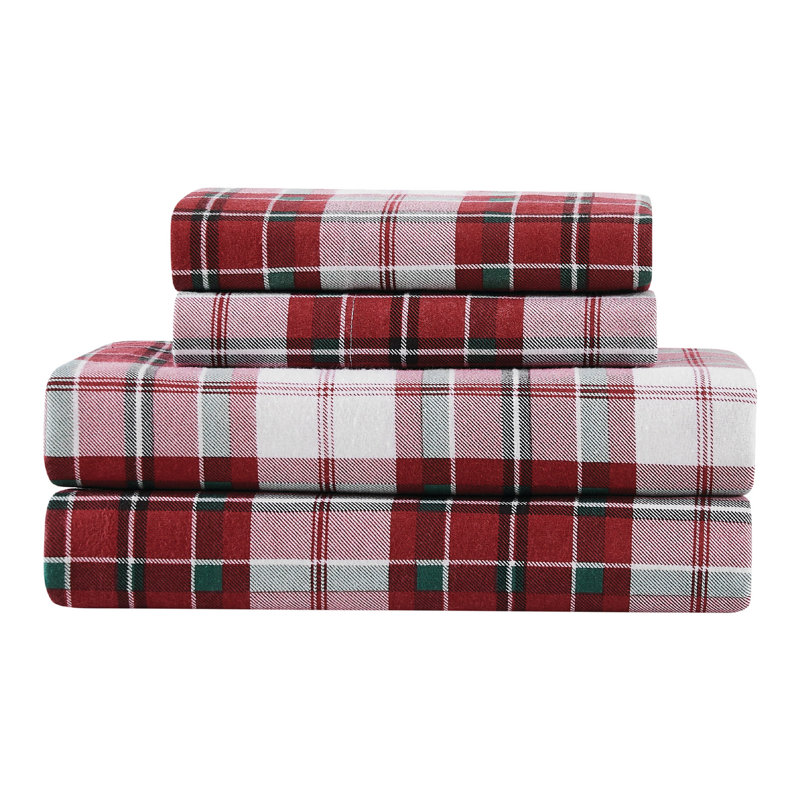 Holiday Red and White Plaid Twin Cotton Flannel Sheet Set