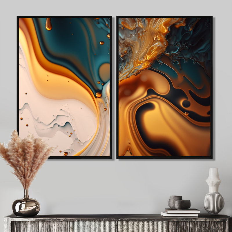 Abstractions fluides jaunes et vertes I - art mural abstrait à encre liquide abstraite 2 pièces, H 36 po x l 48 po
