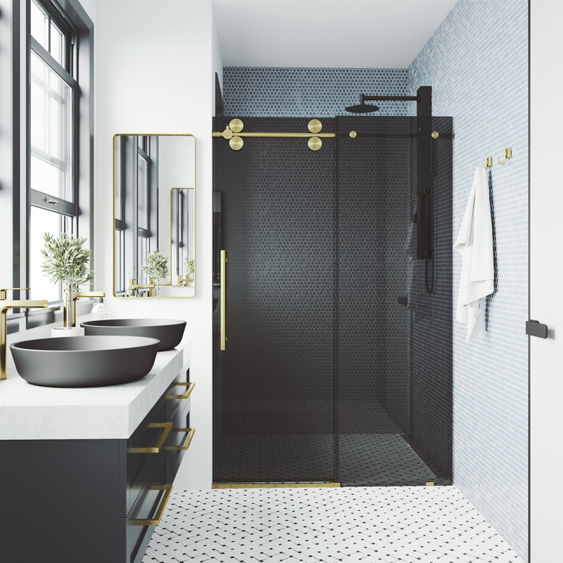 Elan 68-72" W x 74" H Sliding Frameless Shower Door with 3/8" Tinted Glass, Matte Brushed Gold