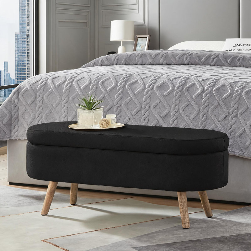 Storage Ottoman Bench for Living Room Bedroom Entryway, Sleek Black Boucle Upholstery, Rubber Wood Legs 350lb Weight Capacity Hidden Storage