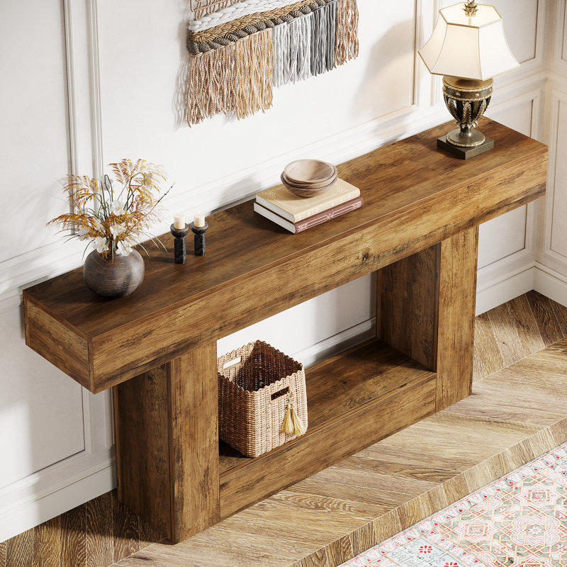 63" Console Table, Farmhouse Entryway Table, Narrow Wood Sofa Table for Living Room, Foyer, Vintage Brown