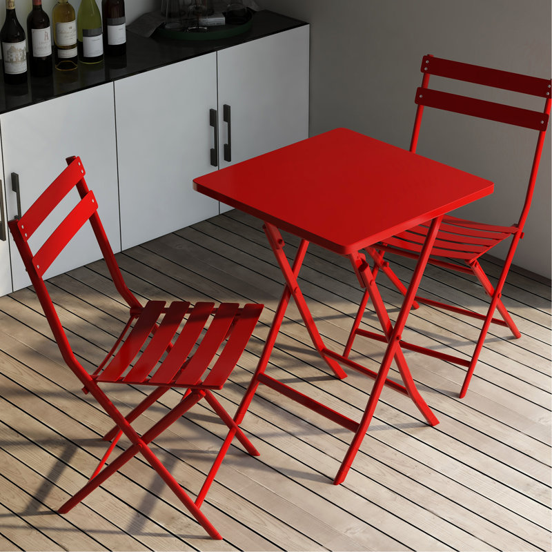 Bistro pliable à 3 terrasses - rouge. Table et chaises en métal. , Pour l'intérieur et l'extérieur. Assemblage facile. Rouille rayée. Support de chaise de 330 lb. Balcons bistro peu encombrants, meubles 3 pièces. Fabrication.
