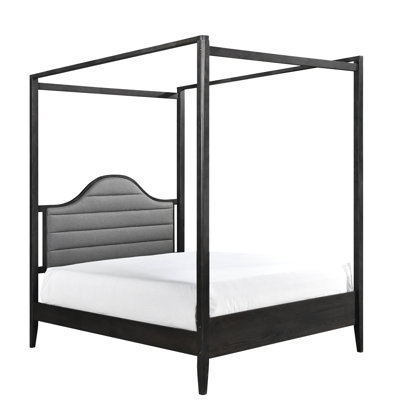 Grand lit à baldaquin avec tête de lit tapissier, mobilier en bois, finition brossée en fil de fer brun, comprend un lit de taille de tête de lit tapissier, des gadgets et des rails