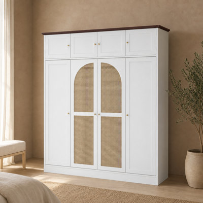 Armoire-penderie de 70,87 po de hauteur avec 8 portes et grande capacité avec tringle, tablettes réglables et portes décoratives en rotin, armoire de rangement pour vêtements pour chambre à coucher, penderie, salon, naturel