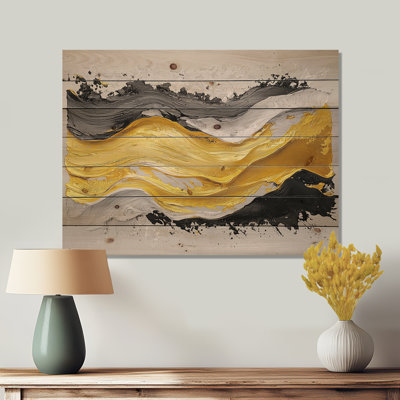 Fugue noire et jaune en couleur I - art mural en bois néo-expressionniste - sur bois de pin naturel