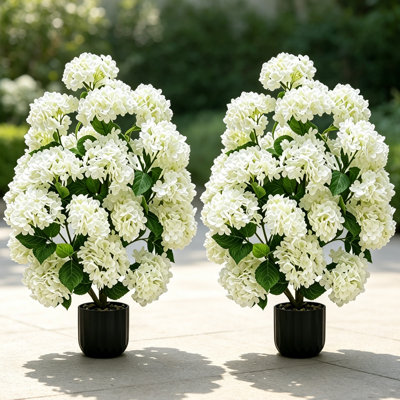 Set of 2 UV-Resistant 30" White Silk Hydrangea Trees in Pots, Faux Potted Bushes for Porch, Patio, Indoor, Entryway Décor