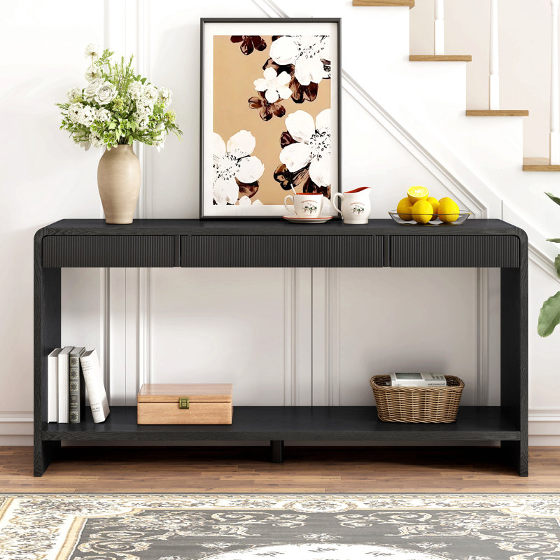 Console moderne à 4 tiroirs avec lattes verticales, conception à bords arrondis, parfaite pour le vestibule, le couloir ou derrière le canapé