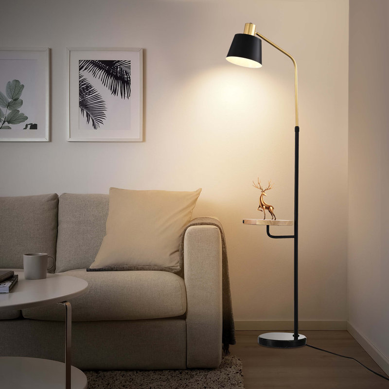 Real Marble Floor Lamp with Wood Bedside Nightstand End Table and Built-in USB Charging Port