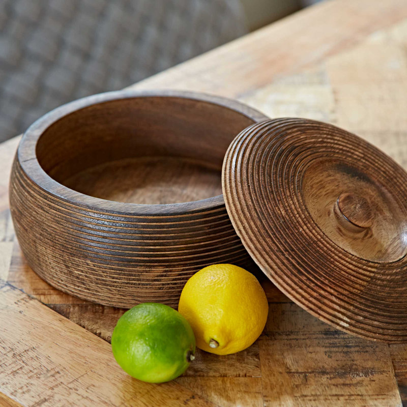 Makula Natural Mango Wood Bowl with Lid, 9cm H x 21cm W x 21cm D