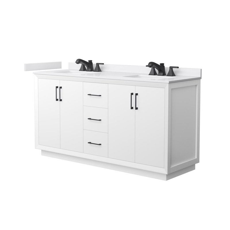 Strada 66" Freestanding Double Bathroom Vanity with Cultured Marble Top, White, Matte Black