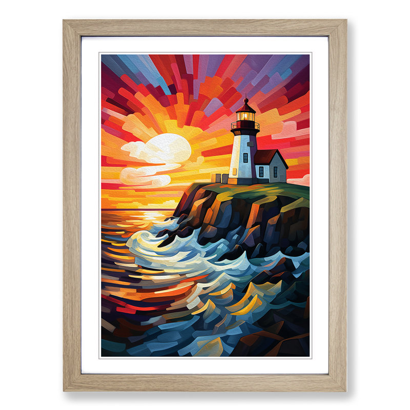 XYZ-FRM-V1223-4188 Lighthouse Cubism - Single Picture Frame Print on Wood, 46cm H x 34cm W x 2cm D, Oak