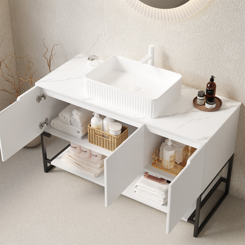 Meuble-lavabo 48 po avec lavabo vasque, armoire de rangement autoportante avec 3 portes et tablette ouverte