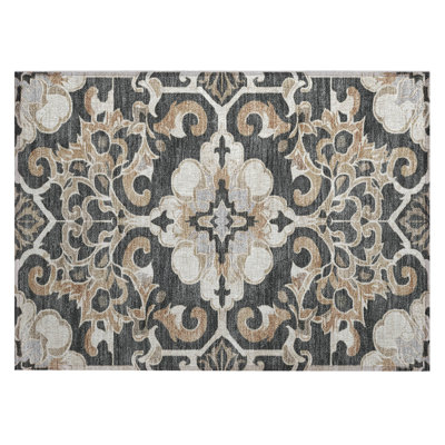 Machine Washable Indoor/Outdoor Xhevrie Charcoal Rug