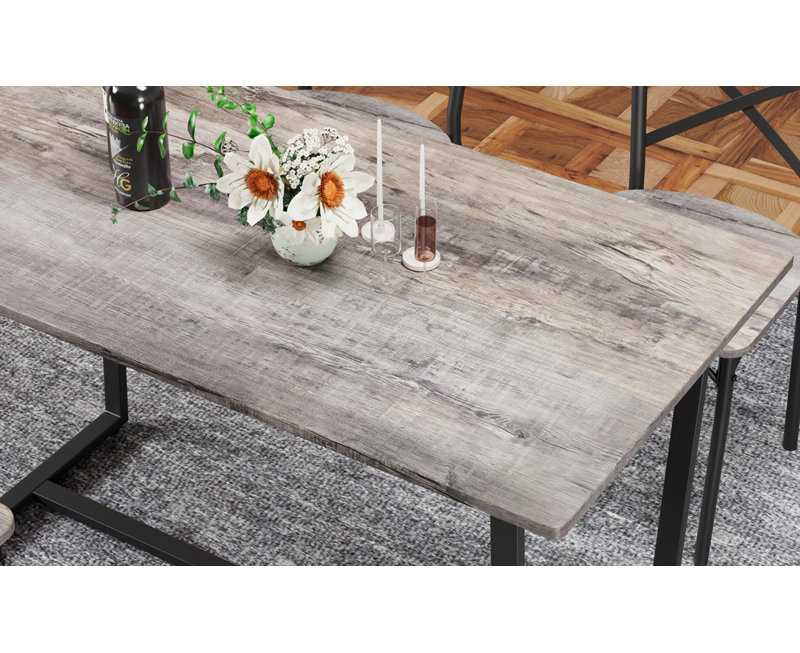 Ensemble de table de salle à manger 4 pièces, 4 pièces: table, banc, 2 chaises, Gris / Noir