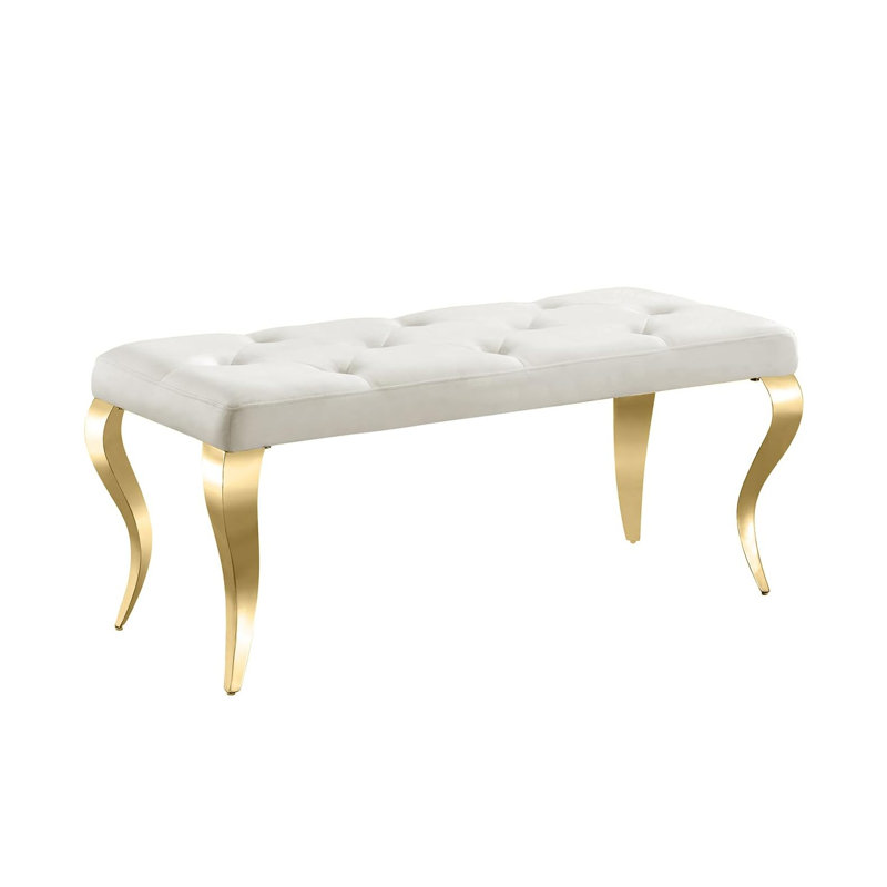 Beige Velvet Bench With Cabriole Legs, White/Gold