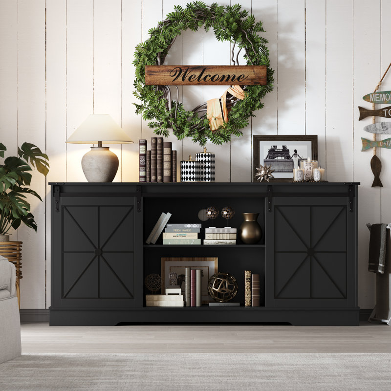 Rustic TV Stand With Barn Door, Black