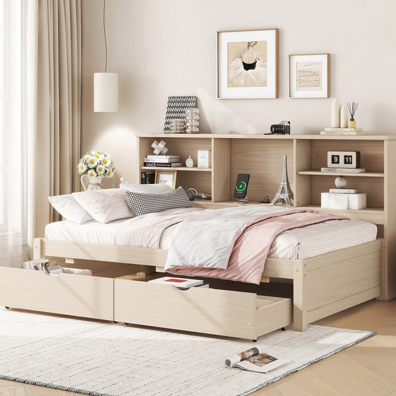 Structure de lit simple de couleur naturelle avec compartiments latéraux, tablettes modernes, 2 tiroirs, douille