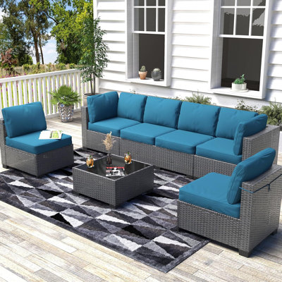 7-Piece Outdoor Patio Furniture Set – All-Weather PE Wicker Sectional Sofa with Cushions & Glass Coffee Table, Modular Conversation Set for Garden, Balcony, Poolside (6-Seater)