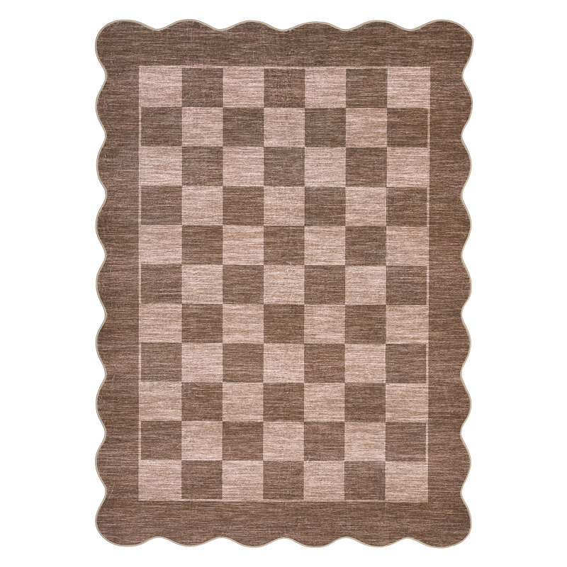 Washable Scalloped Rug Modern Checkerboard Rug Non Slip, Soft Non Shedding Thin Carpet, Indoor Low Pile Foldable Carpet, Contemporary Printed Mat for Living Room Bedroom