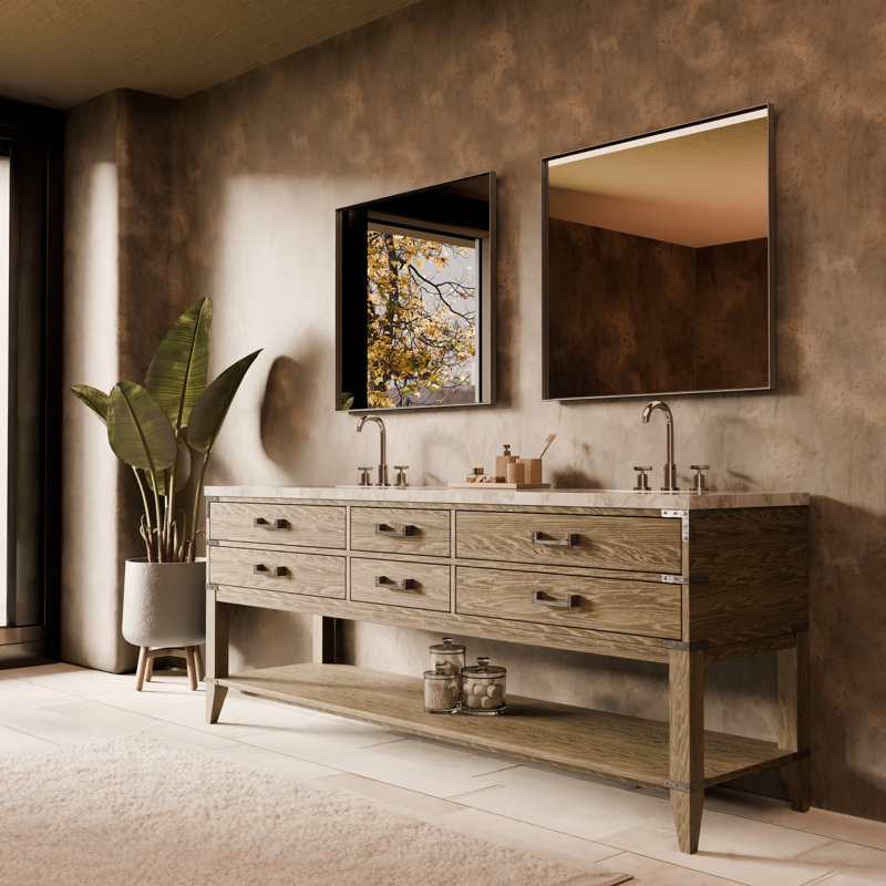 Ensemble de meuble-lavabo double 84 po, Marbre de Carrare blanc, Chêne gris