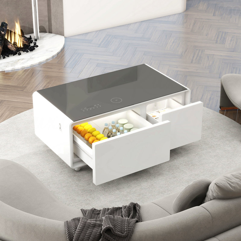 Table basse moderne et intelligente avec réfrigérateur intégré et tiroirs de congélateur Haut-parleur Bluetooth Chargeur sans fil Panneau de commande tactile Ports USB Protection de l'air ambiant