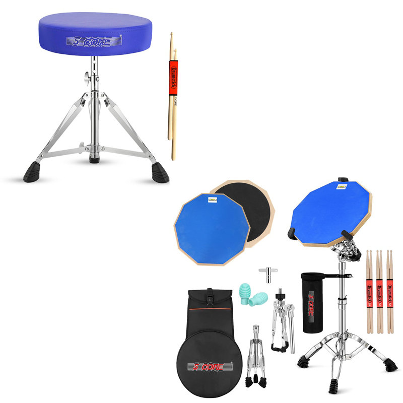 5 Core Drum Throne Adjustable Guitar Stool Padded Seat + Drum Practice Pad Snare Drumming Stand, Blue