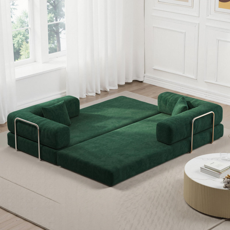 Boneless Sleeper Sofa Bed Convertible Compression Couch Bed Corduroy Floor Couch With 2 Pillows, Dark Green