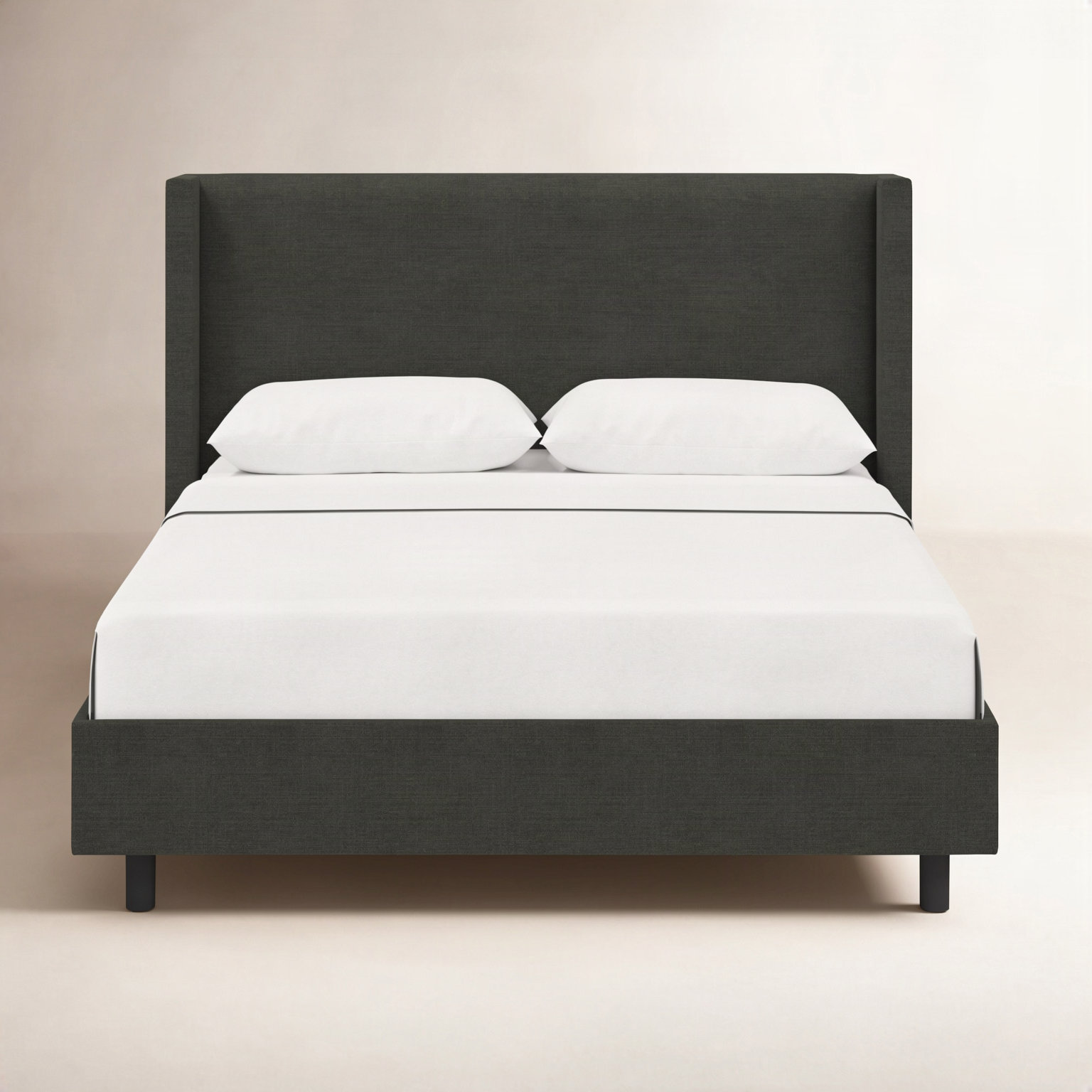 Hanson Upholstered Wingback Platform Bed, Classic Black Linen, Full